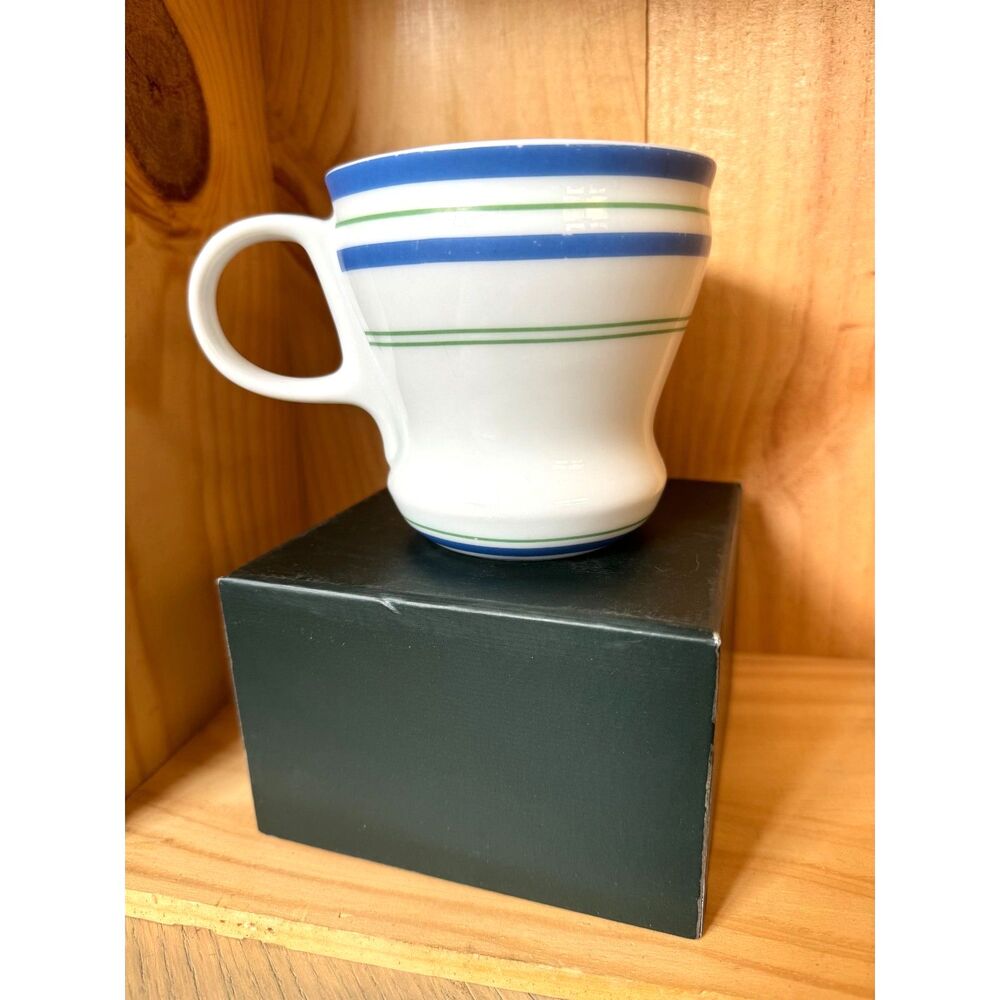 Modern Vintage 2007 Starbucks White Blue Green Striped Coffee Mug Cup Size 12 oz